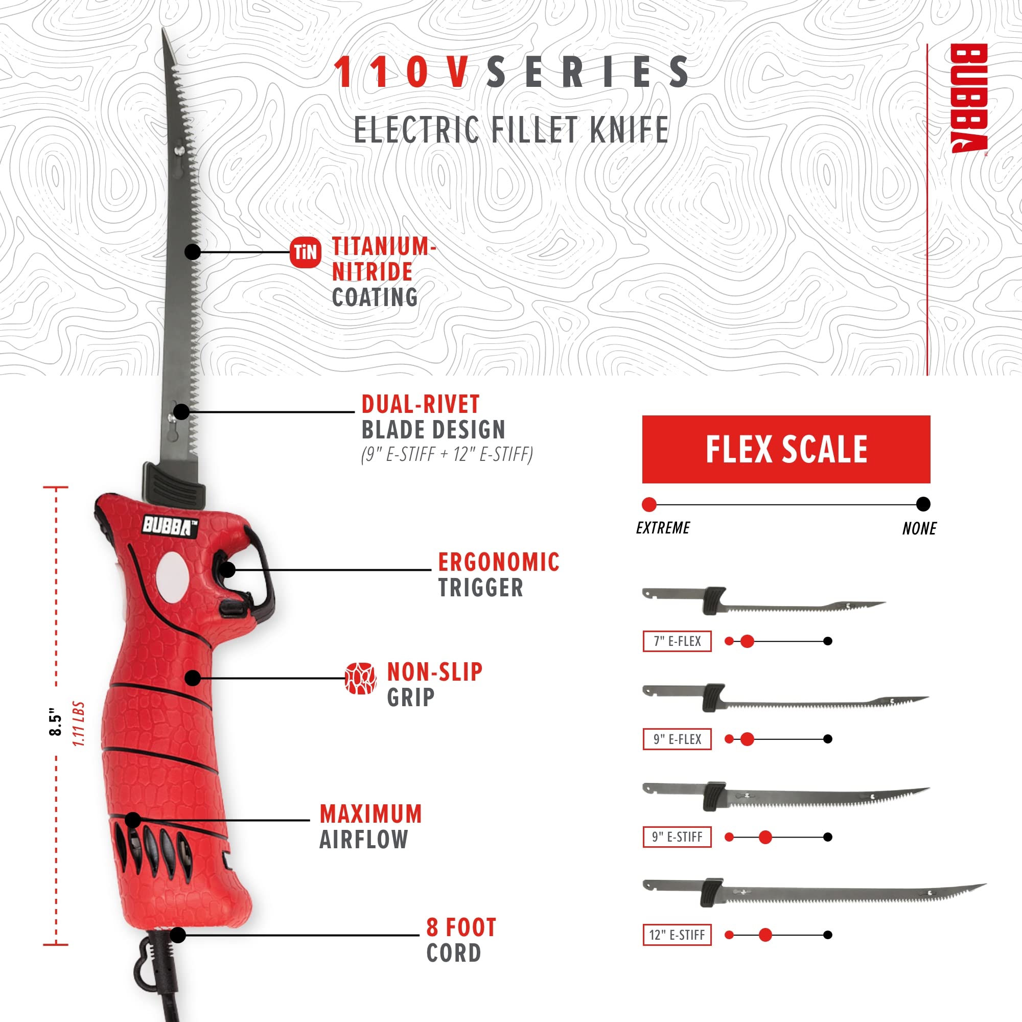 BUBBA 110V Electric Fillet Knife with Non-Slip Grip Handle, 4 Ti-Nitride S.S. Coated Non-Stick Reciprocating Blades, 8' Cord and Storage Case for Fishing - Image 3