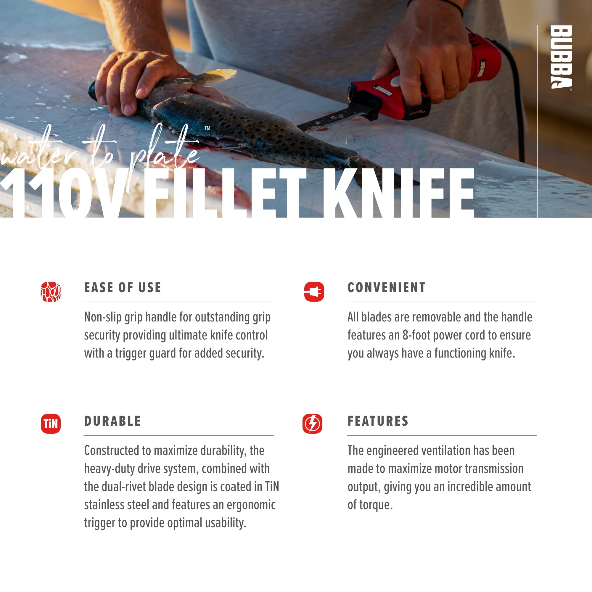 BUBBA 110V Electric Fillet Knife with Non-Slip Grip Handle, 4 Ti-Nitride S.S. Coated Non-Stick Reciprocating Blades, 8' Cord and Storage Case for Fishing - Image 4