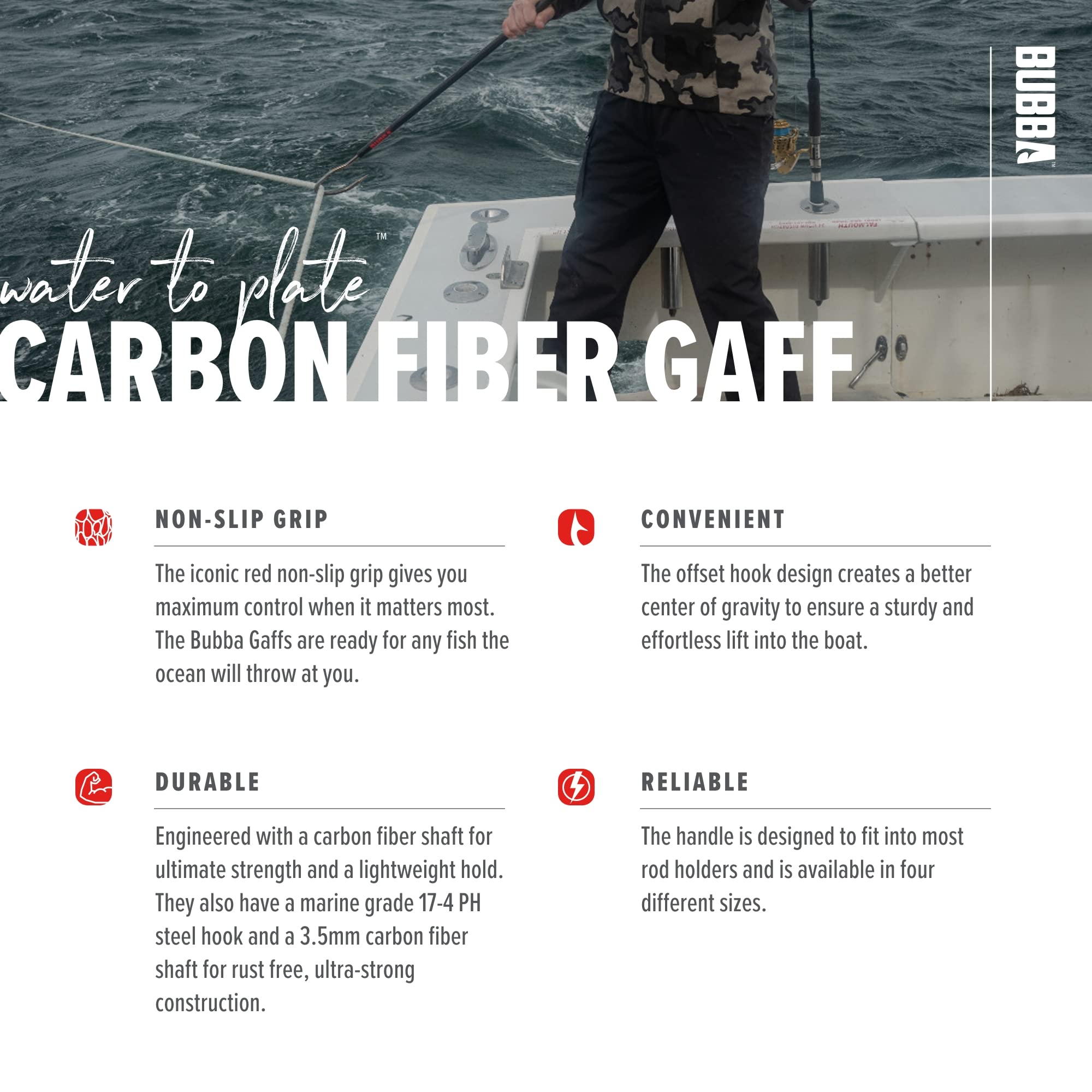 BUBBA 5 Foot Gaff with 3 Inch Stainless Steel Offset Hook, Non-Slip Grip Handles and Carbon Fiber Shaft for Fishing, Boating and Outdoors - Image 4