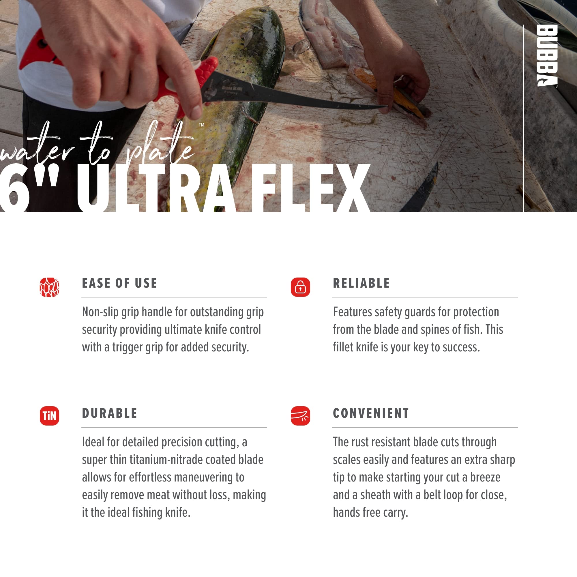 BUBBA 6 Inch Ultra Flex Tapered Fillet Knife with Non-Slip Grip Handle, 8Cr13MoV Stainless Steel Blade, Lanyard Hole and Synthetic Sheath for Fishing - Image 4