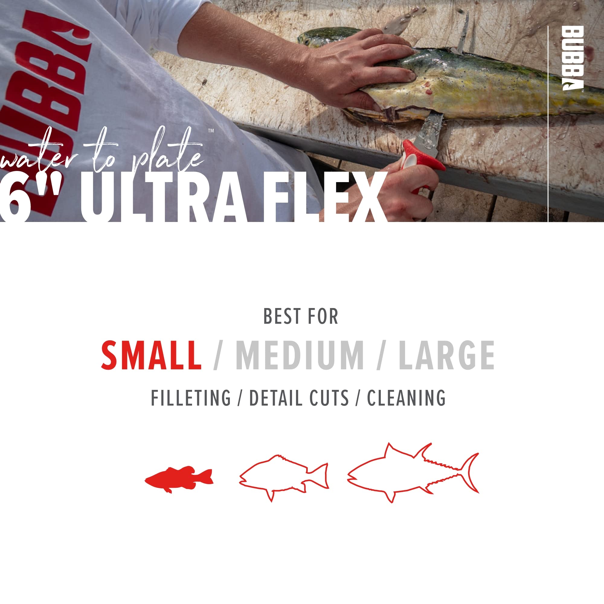 BUBBA 6 Inch Ultra Flex Tapered Fillet Knife with Non-Slip Grip Handle, 8Cr13MoV Stainless Steel Blade, Lanyard Hole and Synthetic Sheath for Fishing - Image 5