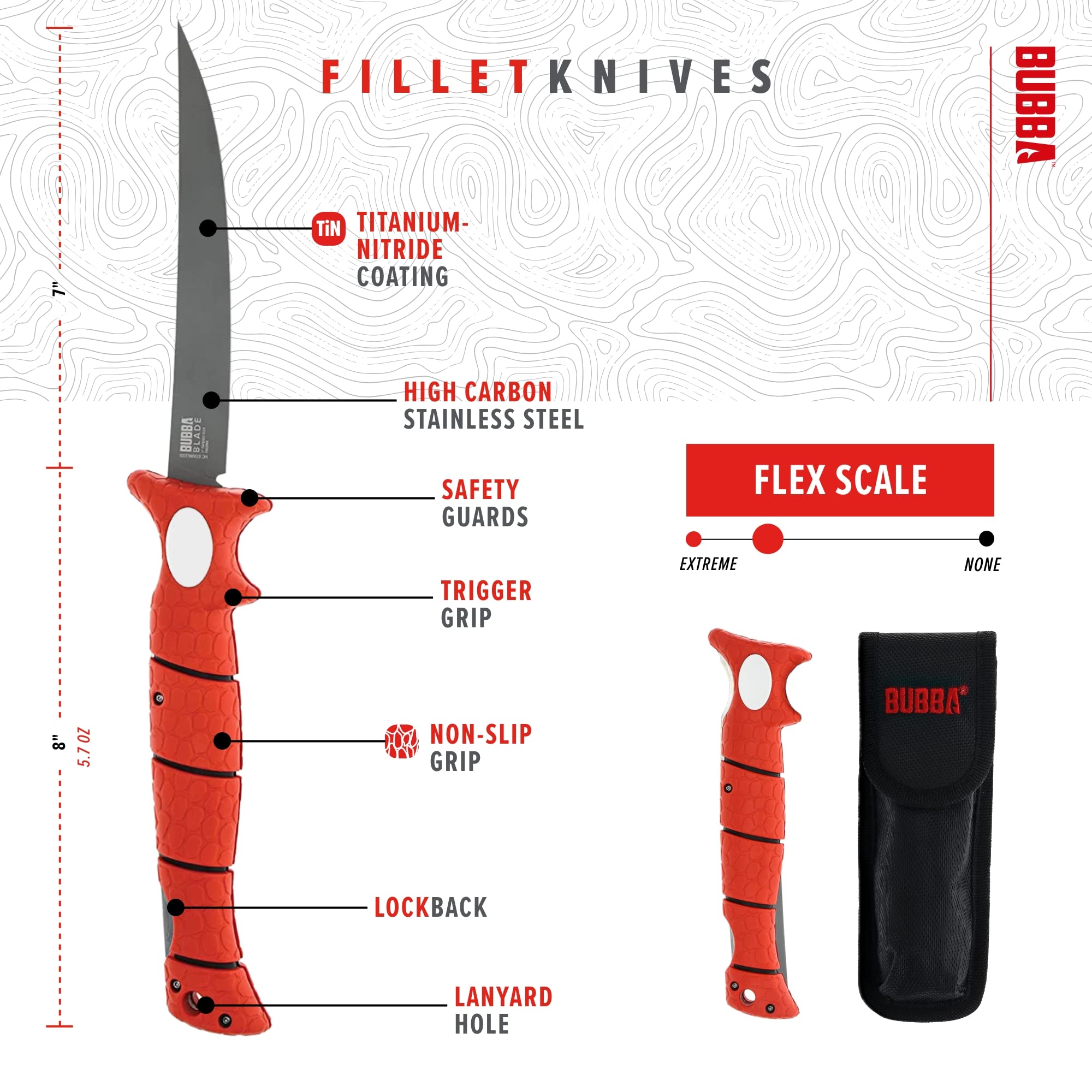 BUBBA 7" Tapered Flex Folding Knife with Non-Slip Grip Handle, Offset Full Tang Stainless Steel Blade, Lanyard Hole and Synthetic Sheath for Fishing - Image 3