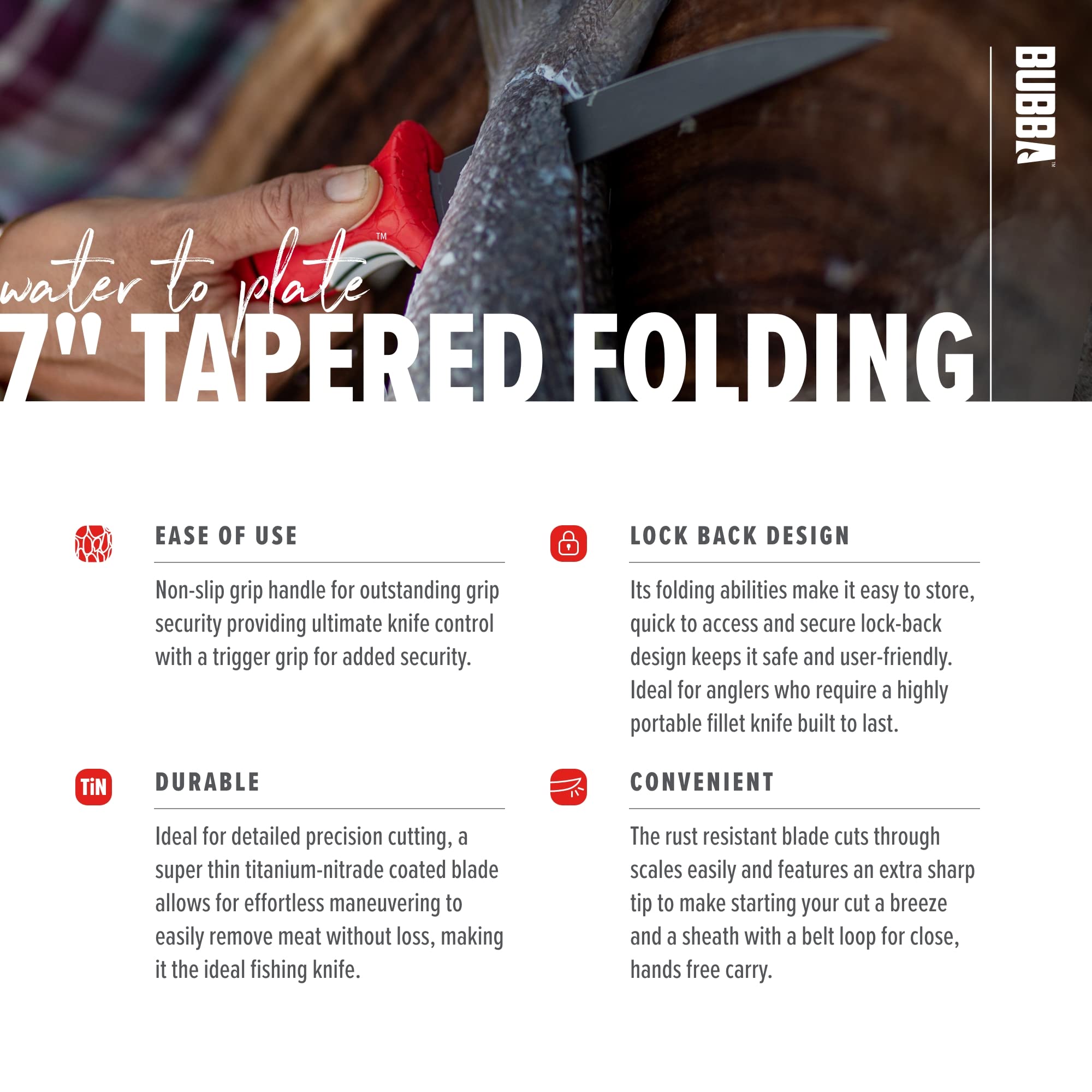 BUBBA 7" Tapered Flex Folding Knife with Non-Slip Grip Handle, Offset Full Tang Stainless Steel Blade, Lanyard Hole and Synthetic Sheath for Fishing - Image 4