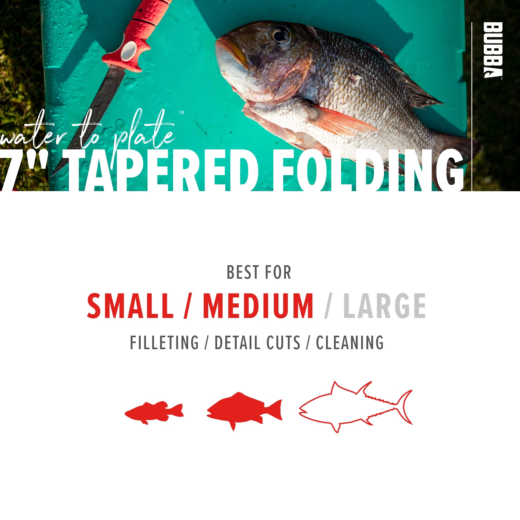 BUBBA 7" Tapered Flex Folding Knife with Non-Slip Grip Handle, Offset Full Tang Stainless Steel Blade, Lanyard Hole and Synthetic Sheath for Fishing - Image 5