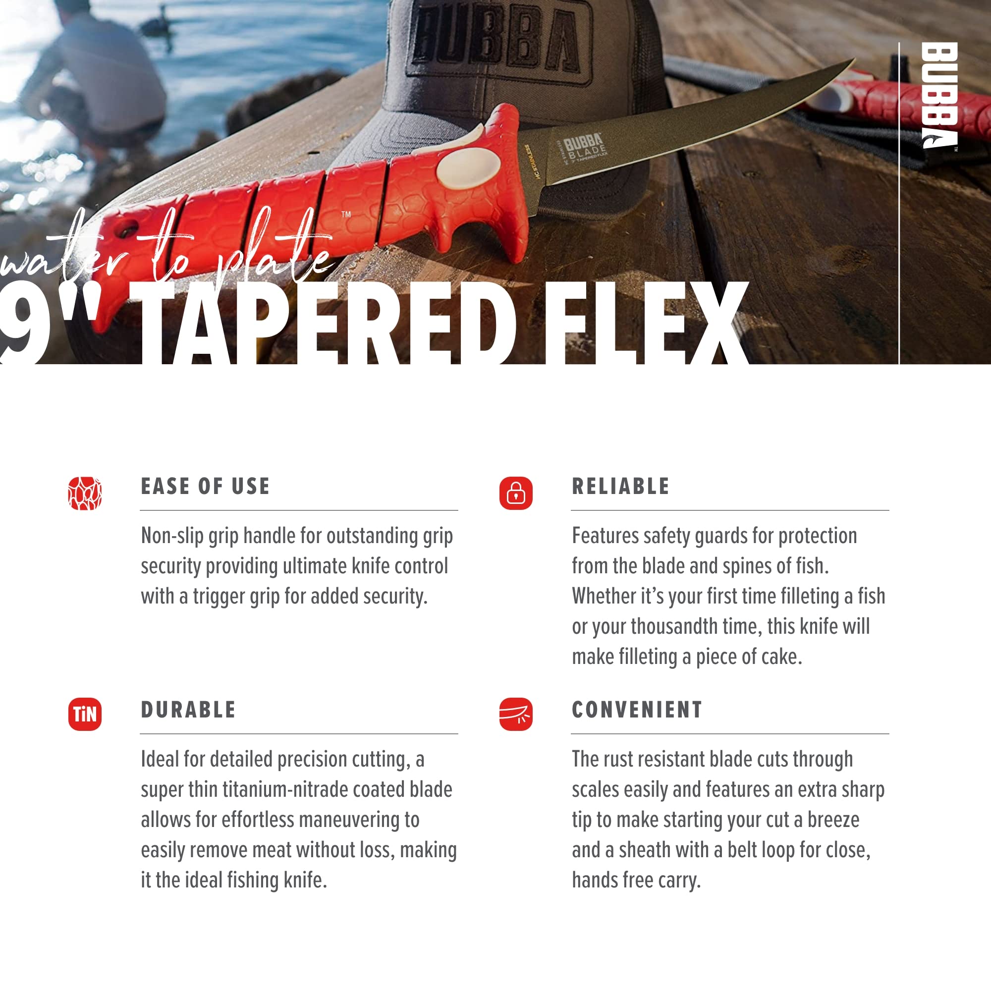 BUBBA 9 Inch Tapered Flex Fillet Knife with Non-Slip Grip Handle, Full Tang High Carbon Stainless Steel Titanium Coated Non-Stick Blade, Lanyard Hole and Synthetic Sheath for Fishing - Image 4