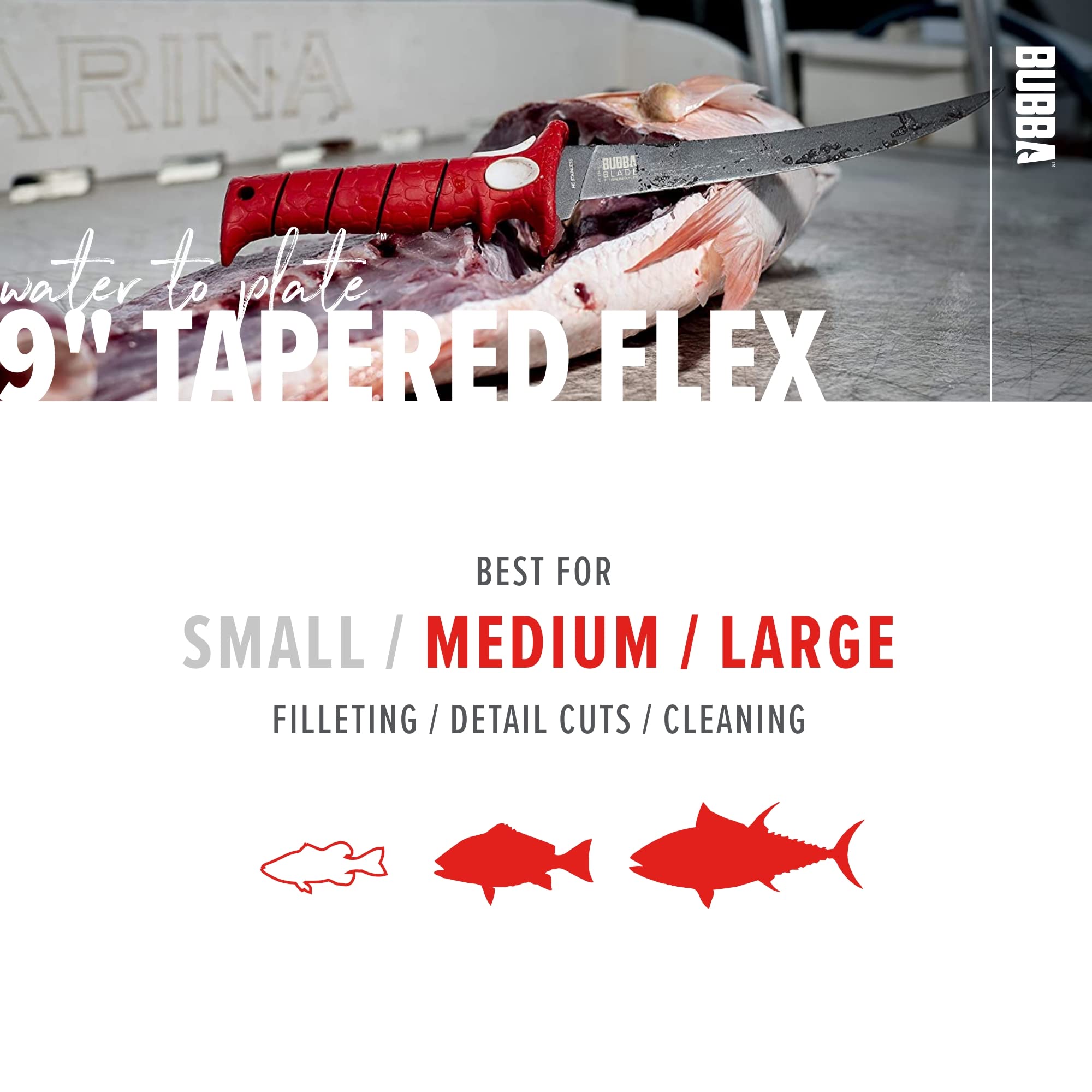 BUBBA 9 Inch Tapered Flex Fillet Knife with Non-Slip Grip Handle, Full Tang High Carbon Stainless Steel Titanium Coated Non-Stick Blade, Lanyard Hole and Synthetic Sheath for Fishing - Image 5