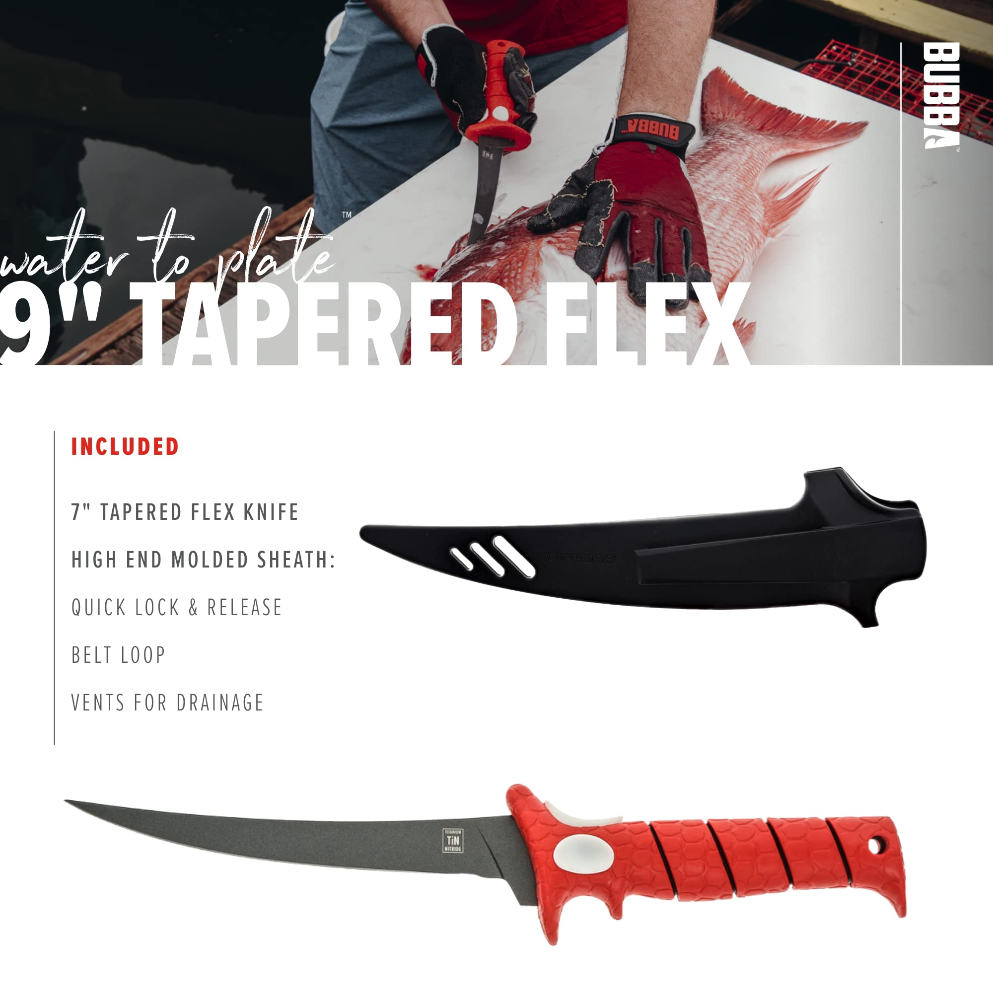 BUBBA 9 Inch Tapered Flex Fillet Knife with Non-Slip Grip Handle, Full Tang High Carbon Stainless Steel Titanium Coated Non-Stick Blade, Lanyard Hole and Synthetic Sheath for Fishing - Image 6