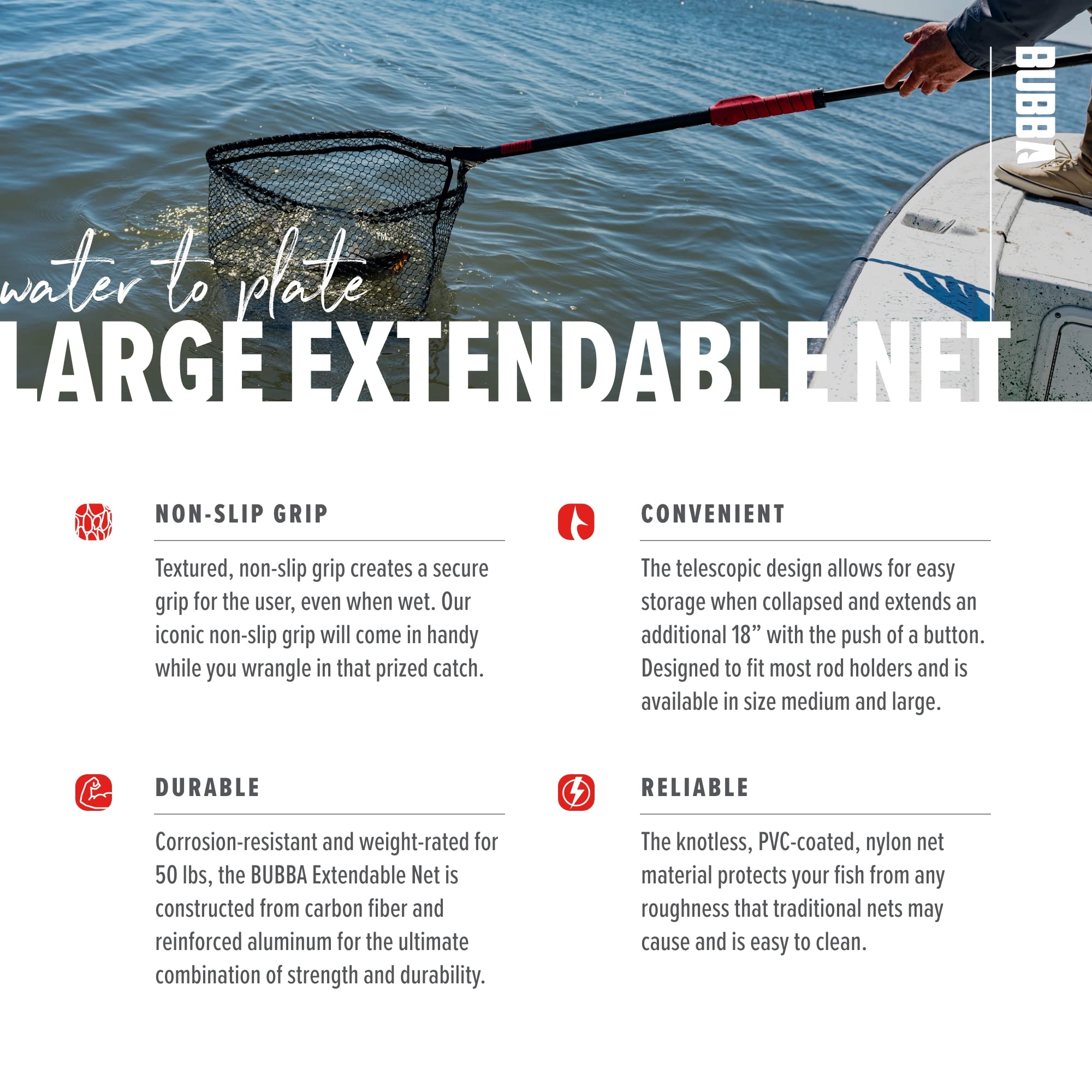 BUBBA Extendable Net with Corrosion Resistant Construction, Non-Slip Grip Handle and Carbon Fiber Shafts for Fishing, Angling, Boating and Outdoors - Image 4