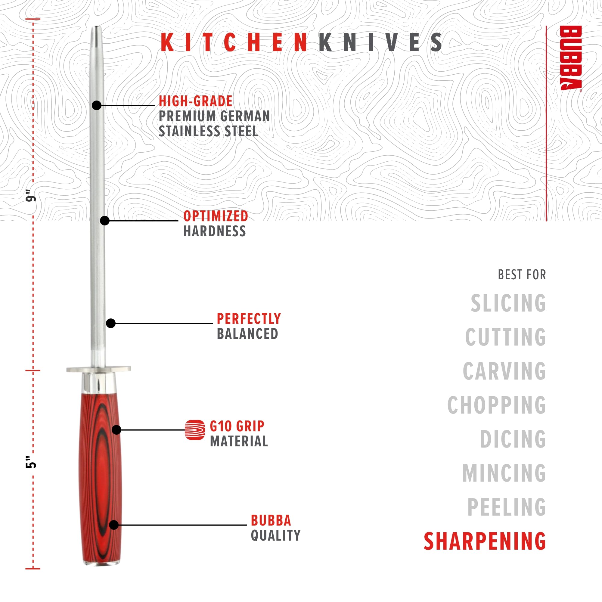 BUBBA Kitchen Series 9" Sharpening Steel with premium diamond coating and perfectly balanced to increase the overall life of your kitchen knives Red - Image 3