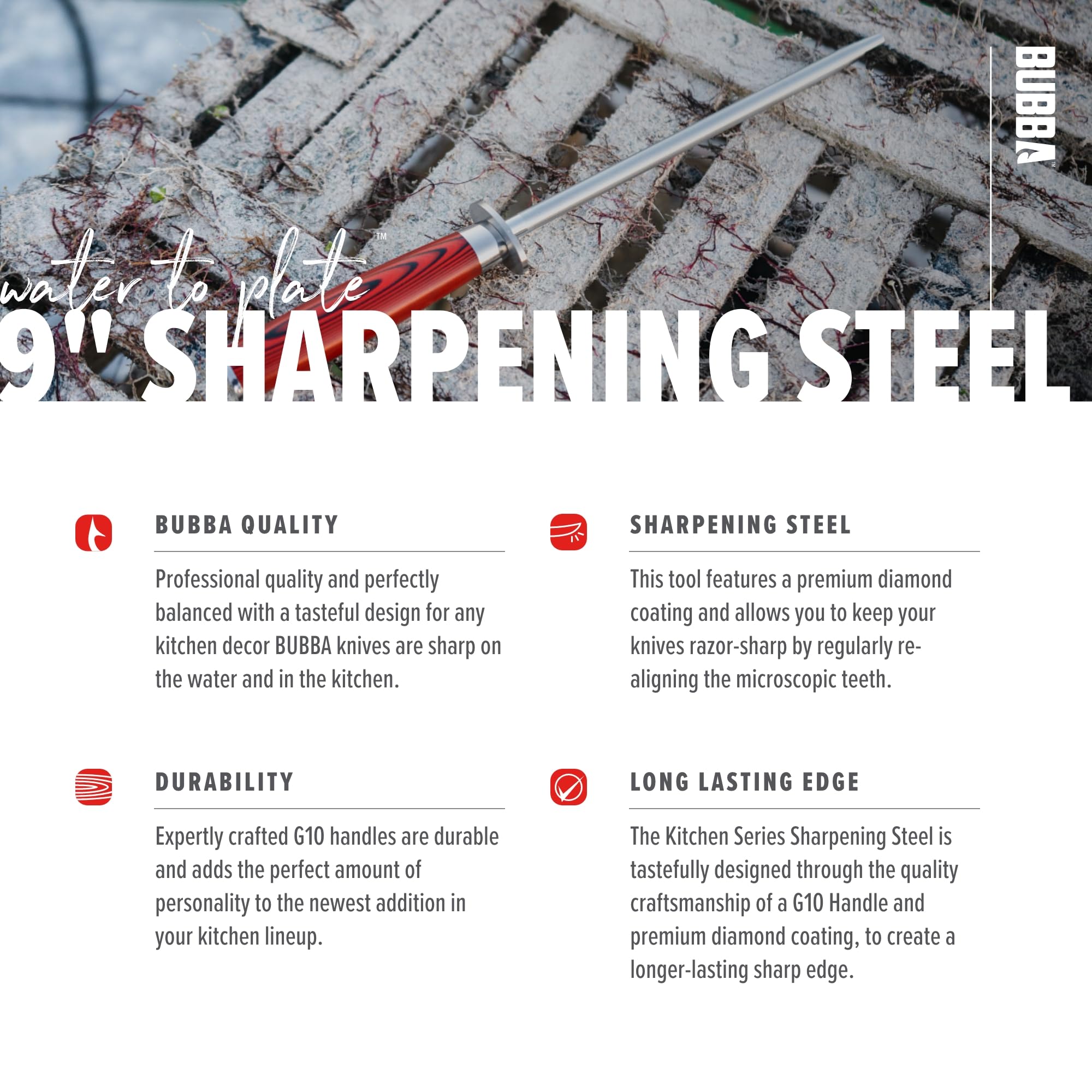 BUBBA Kitchen Series 9" Sharpening Steel with premium diamond coating and perfectly balanced to increase the overall life of your kitchen knives Red - Image 4