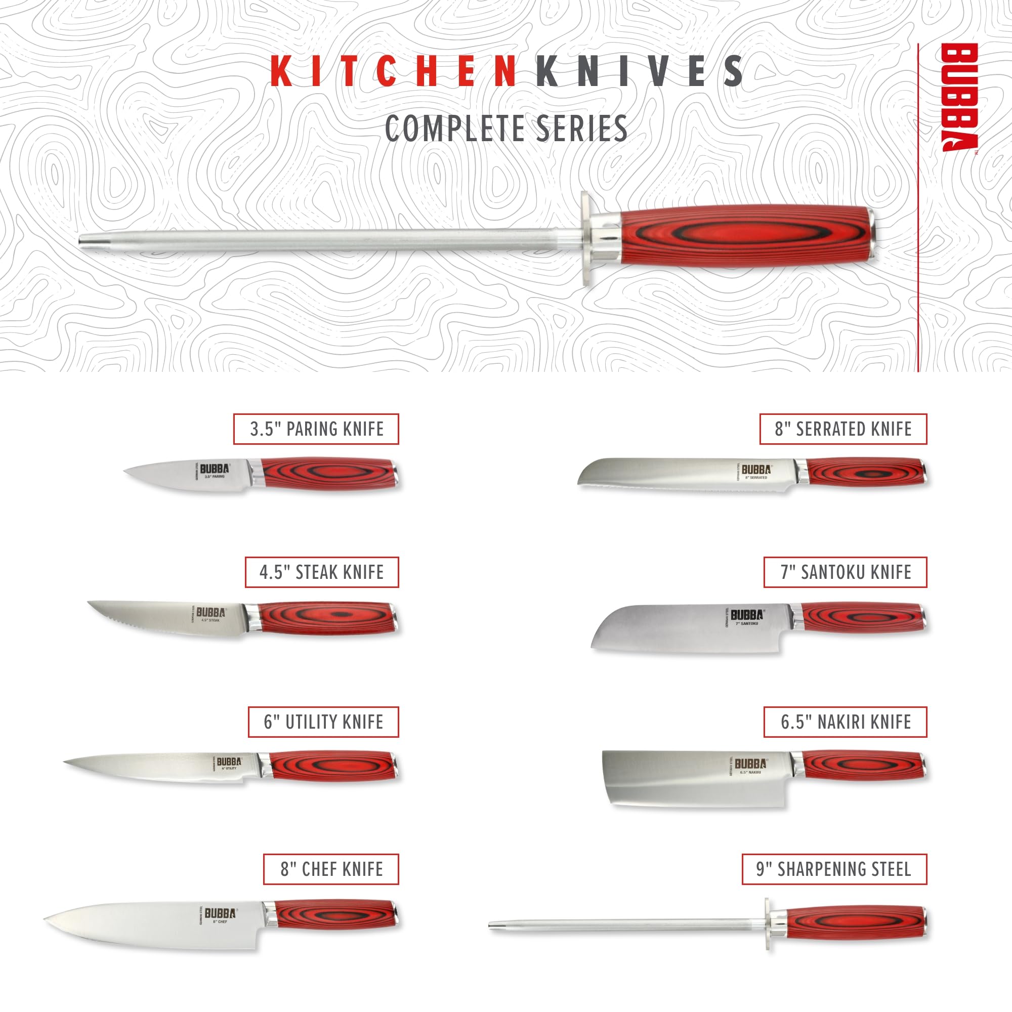BUBBA Kitchen Series 9" Sharpening Steel with premium diamond coating and perfectly balanced to increase the overall life of your kitchen knives Red - Image 7