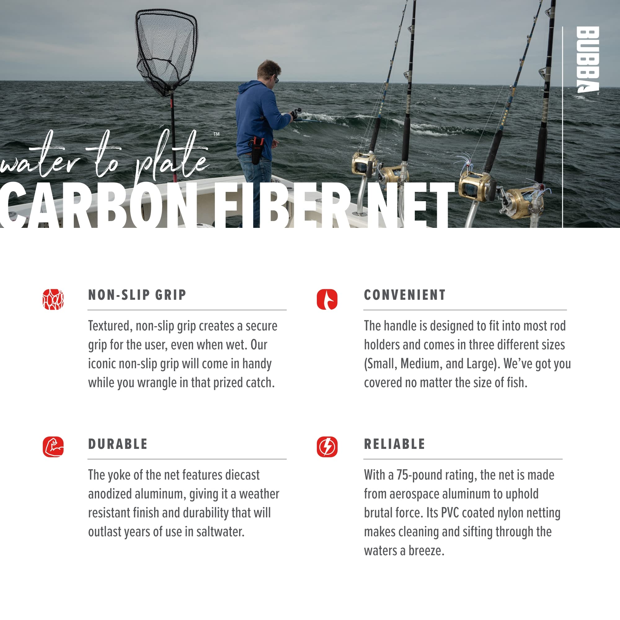 BUBBA Landing Nets with Corrosion Resistant Construction, Non-Slip Grip Handle and Carbon Fiber Shafts for Fishing, Angling, Boating and Outdoors - Image 5