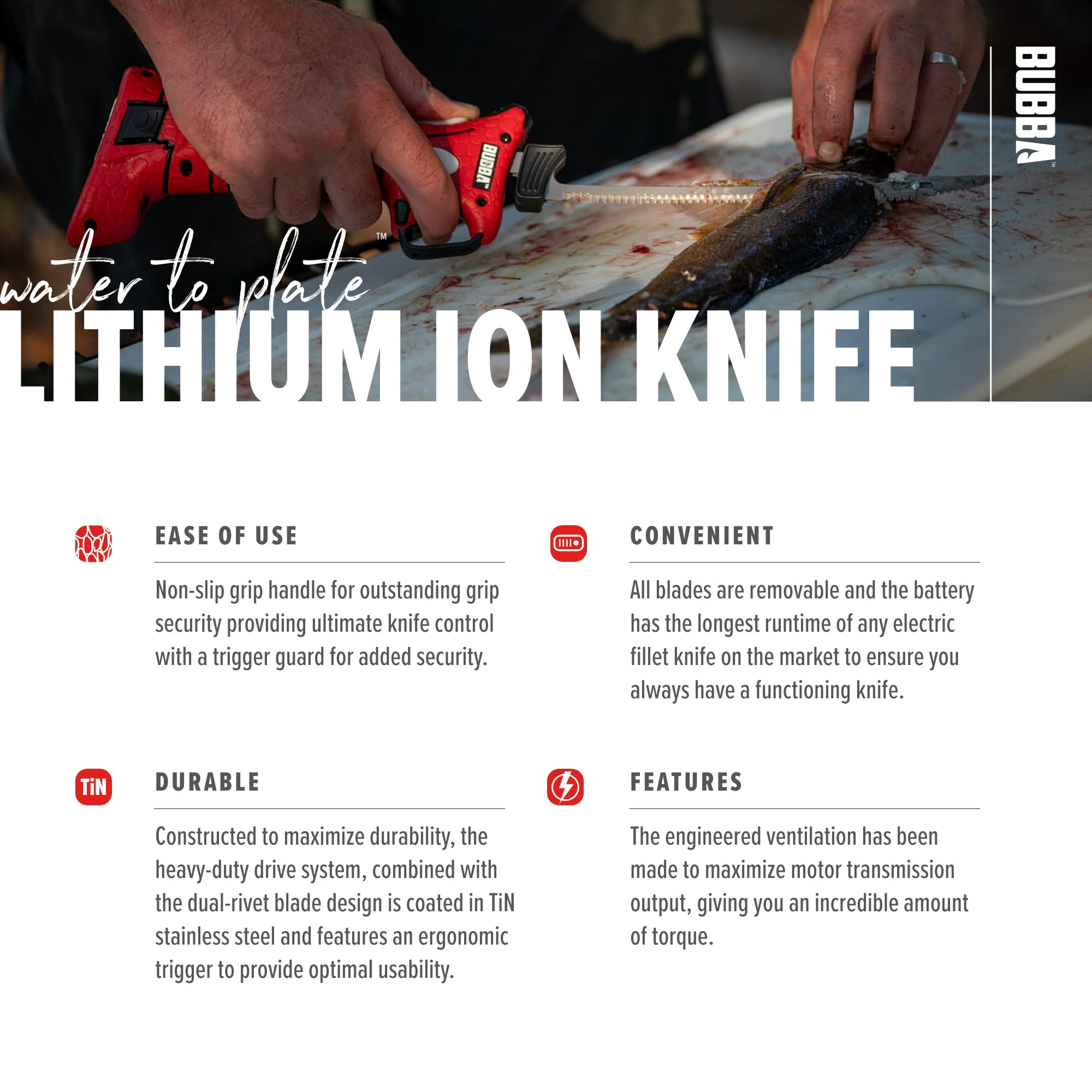BUBBA Li-Ion Cordless Electric Fillet Knife with Non-Slip Grip Handle, 4 Ti-Nitride S.S. Coated Non-Stick Reciprocating Blades, Charger and Case for Fishing - Image 4