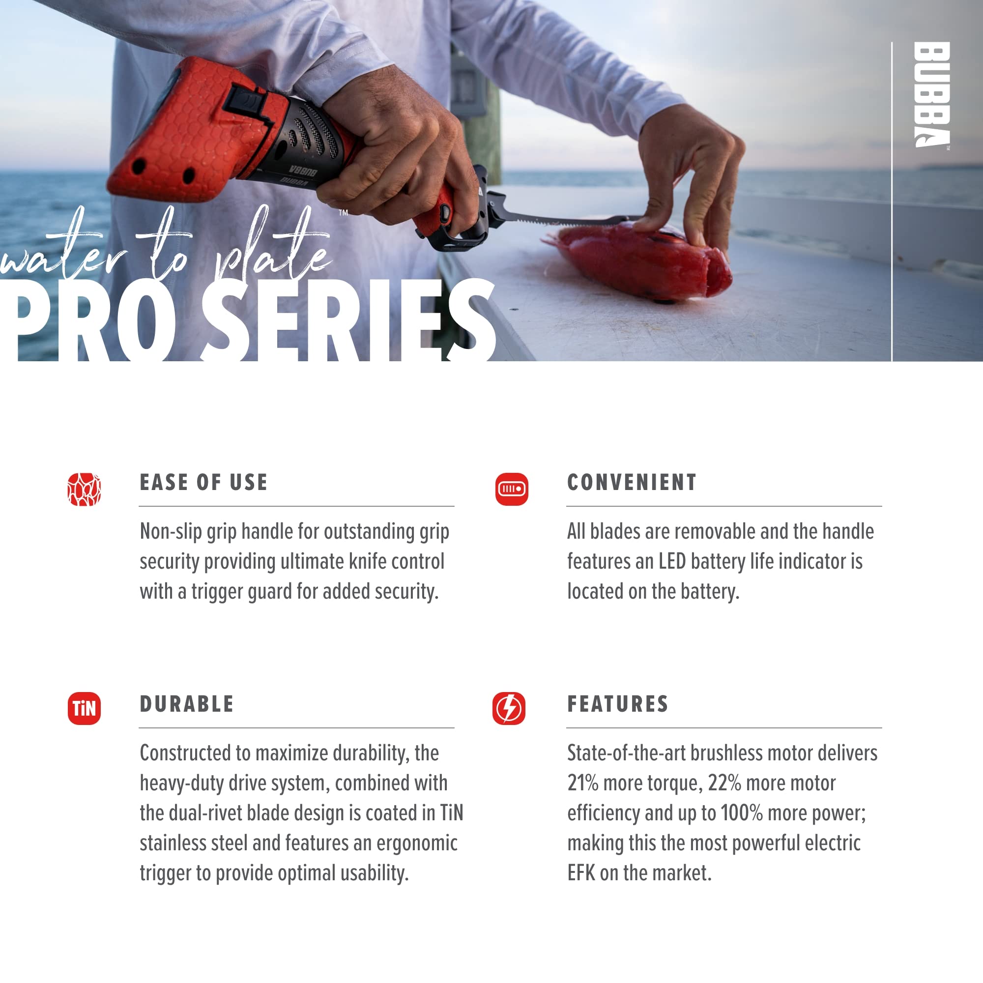 Bubba Pro Series Lithium-Ion Electric Fillet Knife with Non-Slip Grip Handle, 4 Ti-Nitride S.S. Coated Non-Stick Reciprocating Blades, Charger and Case for Fishing - Image 4