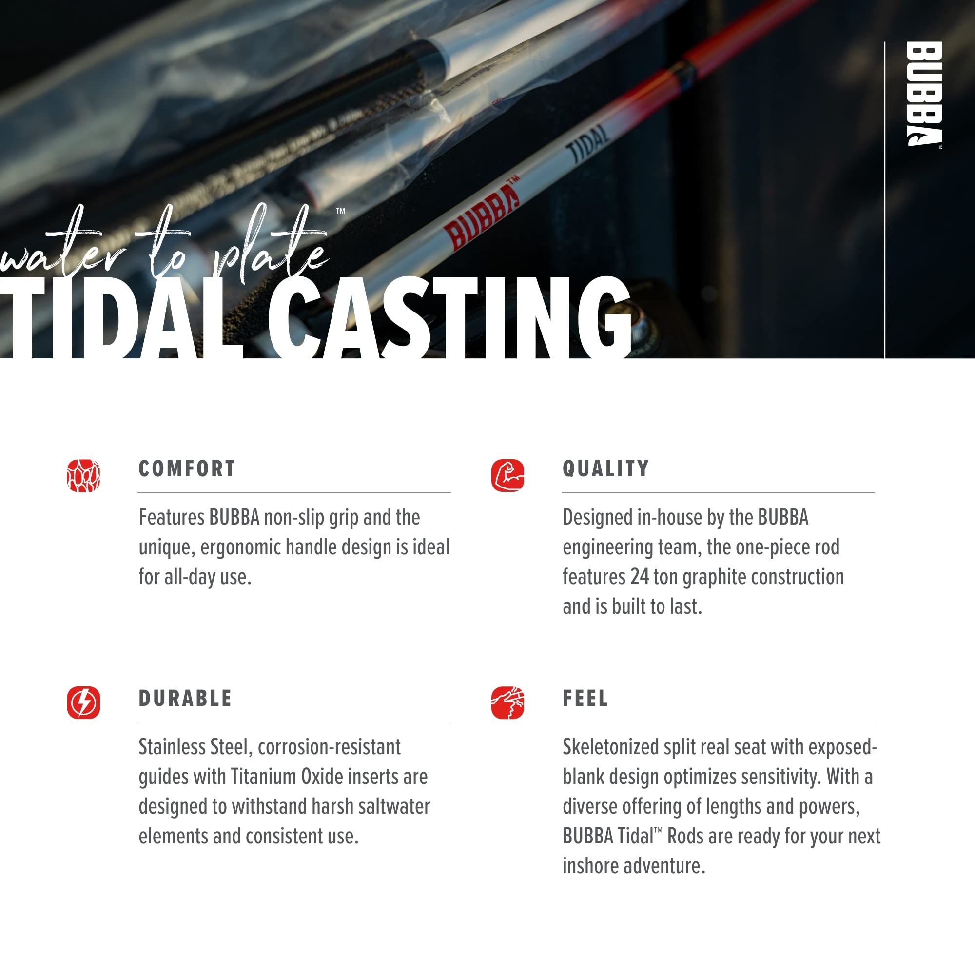 Bubba Tidal Casting Fishing Rod with Split Reel Seat, Non-Slip Grip, 1 Piece, 6'9"-7'6", for Fishing, Outdoors - Image 4