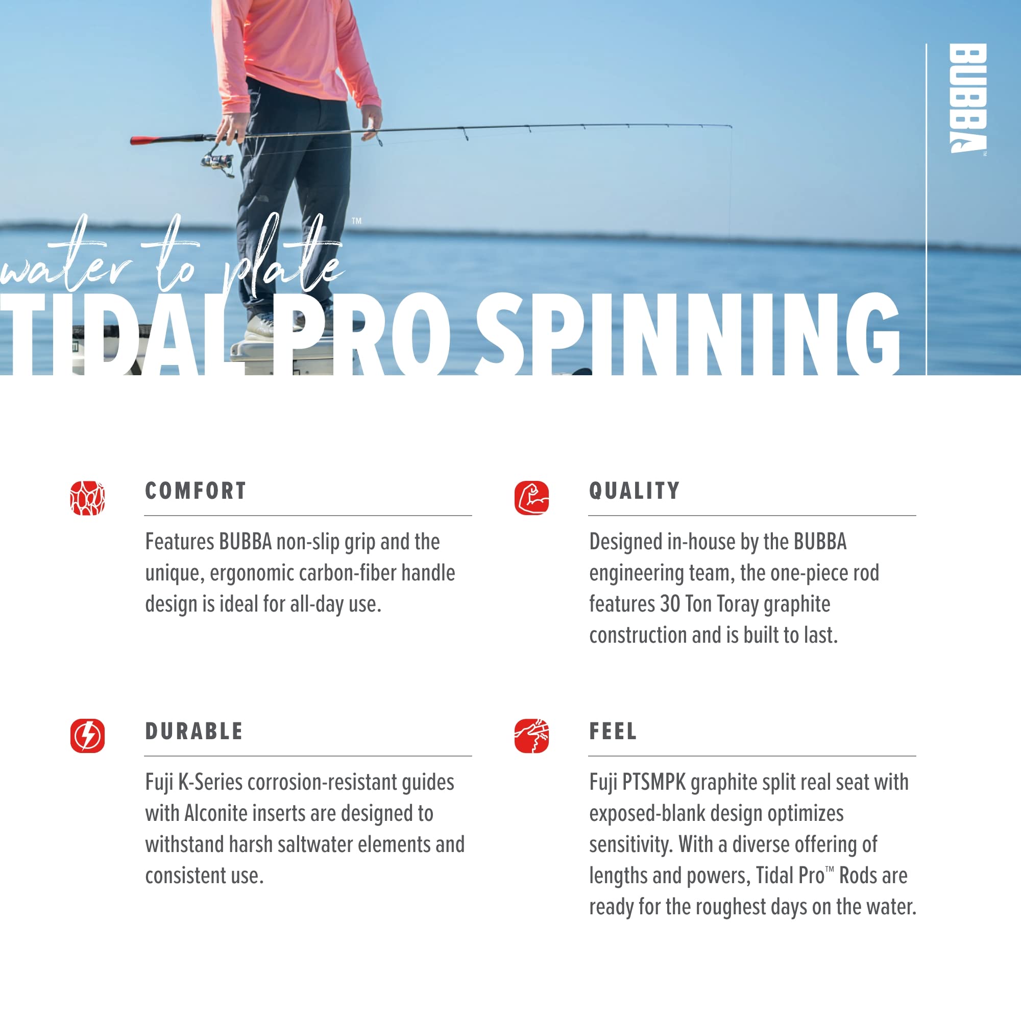 BUBBA Tidal Pro Inshore 7'6" Medium Fast Inshore Spinning Rod with Carbon Fiber Grip' - Image 4