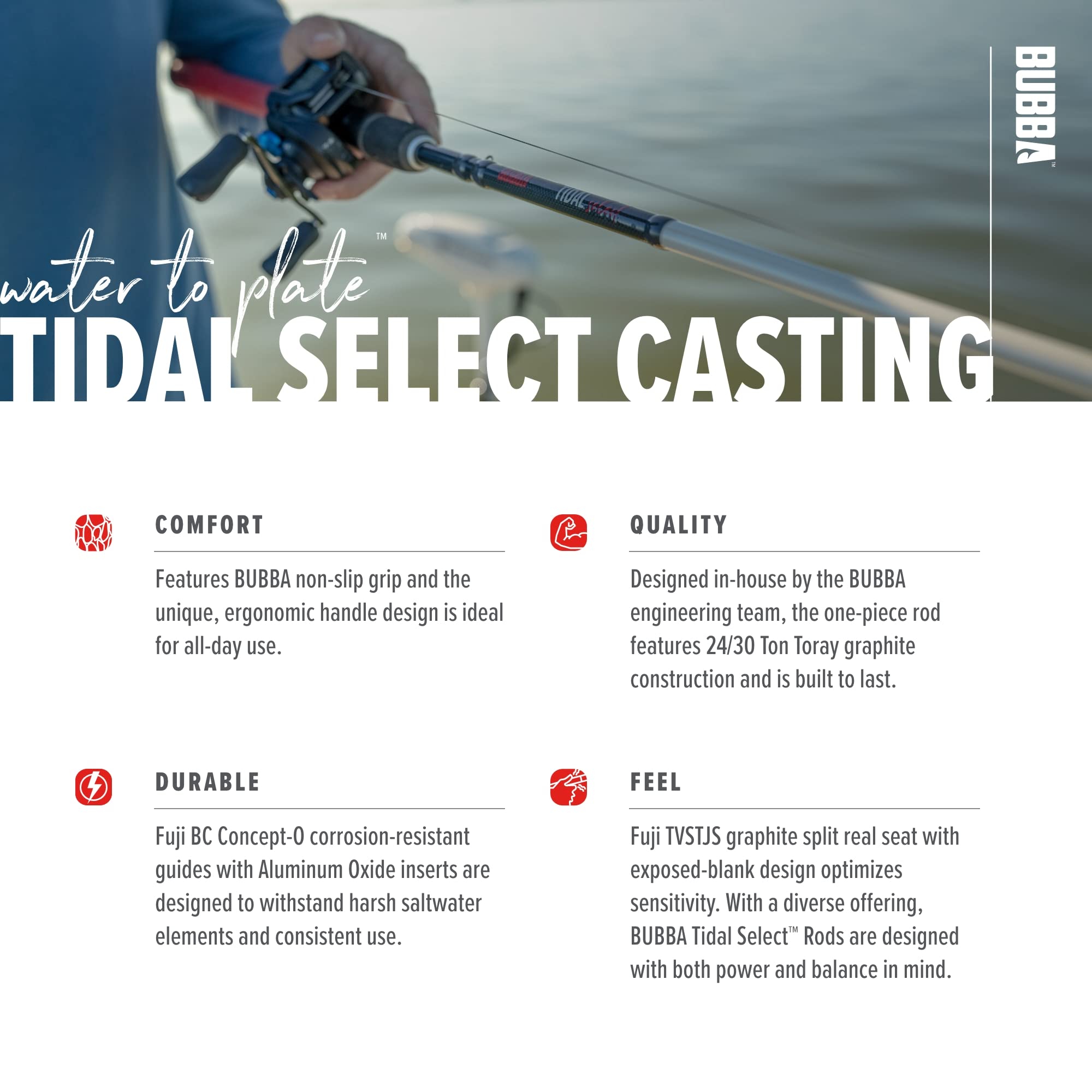 BUBBA Tidal Select 7'6" Medium Fast Inshore Casting Rod with Non-Slip Grip, Fuji Reel' - Image 4