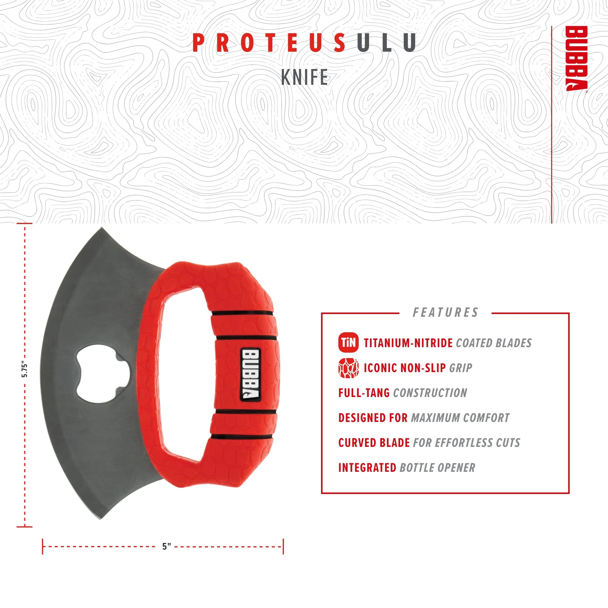 BUBBA ULU Knife with Non-Slip Grip Handle, Curved Blade, Integrated Bottle Opener and Sheath, Red - Image 3