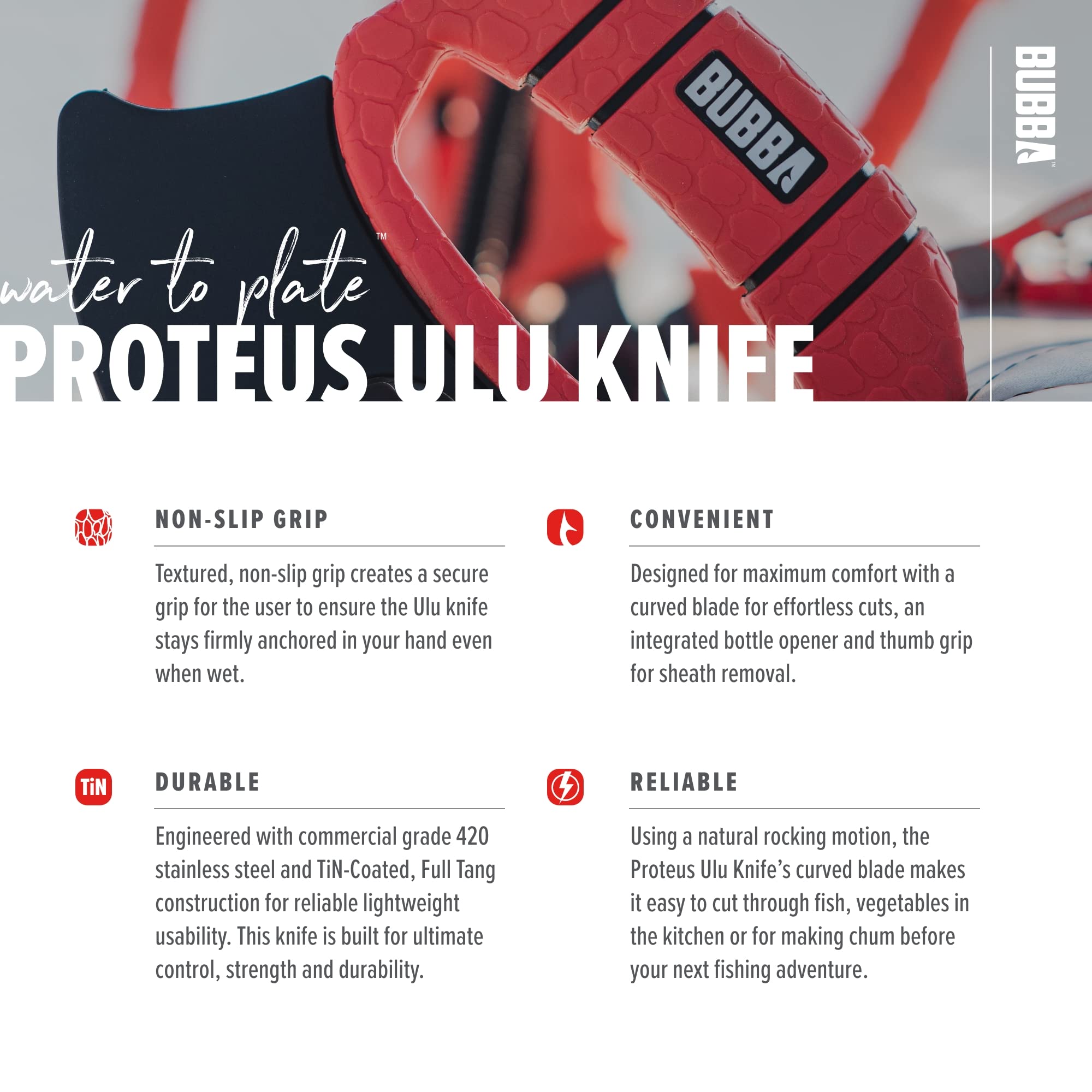 BUBBA ULU Knife with Non-Slip Grip Handle, Curved Blade, Integrated Bottle Opener and Sheath, Red - Image 4